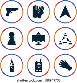 two icons set. Set of 9 two filled icons such as glove, gloves, navigation arrow, soda bottle, restaurant table, chess pawn, walkie talkie, gun