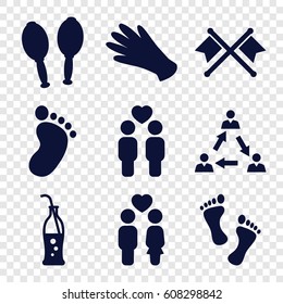 Two icons set. set of 9 two filled icons such as foot print, gloves, couple, gay couple, maracas, soda bottle, foot, communication