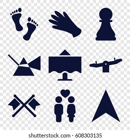 Two icons set. set of 9 two filled icons such as swing, gloves, navigation arrow, couple, restaurant table, chess pawn, foot, crossed flags