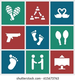 Two icons set. set of 9 two filled icons such as foot print, swan heart, maracas, maraca, restaurant table, foot, gun, communication