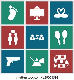 Two icons set. set of 9 two filled icons such as foot print, couple, swan heart, maracas, restaurant table, gun, communication, dice game