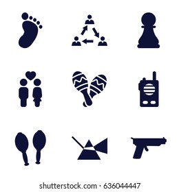 Two icons set. set of 9 two filled icons such as foot print, couple, maracas, maraca, chess pawn, walkie talkie, gun, communication