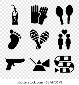 Two icons set. set of 9 two filled icons such as foot print, glove, couple, maracas, soda bottle, maraca, gun, dice game