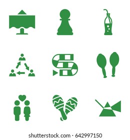 Two icons set. set of 9 two filled icons such as couple, maracas, soda bottle, maraca, restaurant table, chess pawn, communication, dice game