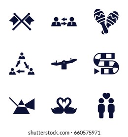 Two Icons Set. Set Of 9 Two Filled Icons Such As Swing, Gay Couple, Swan Heart, Maraca, Communication, Crossed Flags, Dice Game