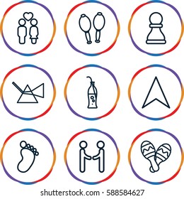 two icons set. Set of 9 two outline icons such as foot print, navigation arrow, couple, maracas, soda bottle, maraca, chess pawn, intersection