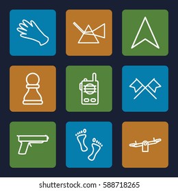 two icons set. Set of 9 two outline icons such as swing, gloves, navigation arrow, foot, walkie talkie, gun, chess pawn, intersection