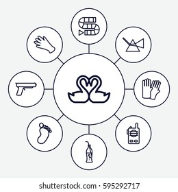 two icons set. Set of 9 two outline icons such as foot print, glove, gloves, swan heart, soda bottle, walkie talkie, gun, intersection