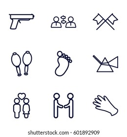 two icons set. Set of 9 two outline icons such as foot print, gloves, couple, maracas, gun, intersection, crossed flags, shaking hands