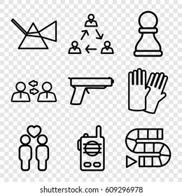 Two icons set. set of 9 two outline icons such as glove, gay couple, walkie talkie, gun, chess pawn, intersection, dice game