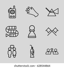 Two icons set. set of 9 two outline icons such as gloves, couple, soda bottle, walkie talkie, chess pawn, intersection, crossed flags, dice game