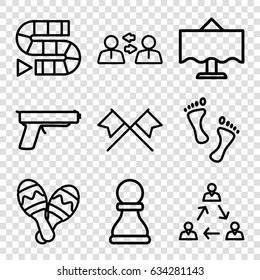 Two icons set. set of 9 two outline icons such as maraca, restaurant table, foot, gun, chess pawn, crossed flags, dice game