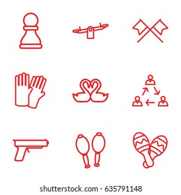 Two icons set. set of 9 two outline icons such as swing, glove, swan heart, maracas, maraca, gun, chess pawn, crossed flags