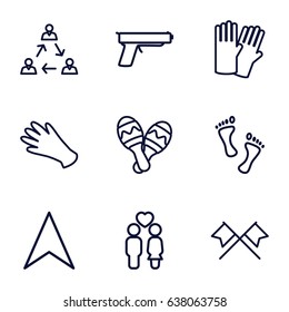 Two icons set. set of 9 two outline icons such as glove, gloves, navigation arrow, couple, maraca, foot, gun, crossed flags