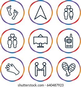 Two icons set. set of 9 two outline icons such as gloves, navigation arrow, couple, gay couple, maraca, restaurant table, foot, walkie talkie