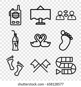 Two icons set. set of 9 two outline icons such as foot print, swan heart, soda bottle, restaurant table, foot, walkie talkie, crossed flags, dice game