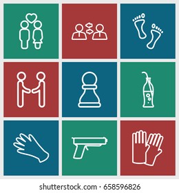 Two icons set. set of 9 two outline icons such as glove, gloves, couple, soda bottle, foot, gun, chess pawn, shaking hands