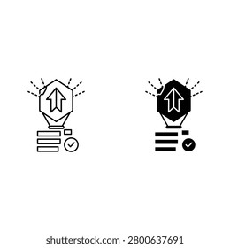 Two icons of a shield with an upward arrow and a checkmark, representing security and success