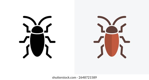 Dois ícones mostram o mesmo perfil de barata; um em uma silhueta preta sólida, o outro em tons marrons, ambos isolados contra um fundo branco limpo, arte vetorial.