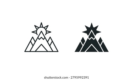 Two icons side by side: outline and filled. Mountains with sunrays above representing achievement, success, nature, and outdoors.