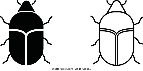 Dois ícones de um besouro ou inseto simples, um em preenchimento preto sólido e um em formato de arte em linha em um fundo branco