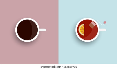  Two icons stylised cup tea and coffee - top view. Vector set 