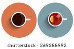 Two icons stylized cup tea and coffee with long shadow. Vector set