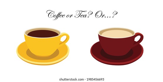 Two icons stylized cup tea and coffee with different color cups and plates. Vector set illustration.