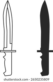 Two icons of tactical knives with anatomical handle and large figured blade, military knives line and silhouette in black colors.
