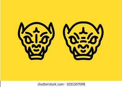 Two icons of terrible angry muzzles. Black contour, outline. Logo, symbol. Vector illustration, isolated. Yellow background.