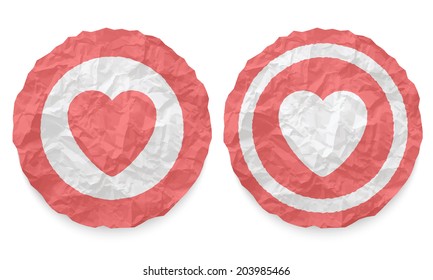 two icons with texture crumpled paper and heart