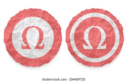 two icons with texture crumpled paper and omega symbol