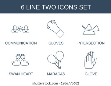 two icons. Trendy 6 two icons. Contain icons such as communication, gloves, intersection, swan heart, maracas, glove. two icon for web and mobile.