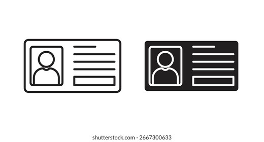 Dois ícones de cartão de identificação, um no estilo de linha e outro no estilo sólido, isolados no plano de fundo branco. Perfeito para web design ou interfaces de aplicativo.