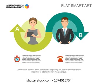 Two ideas process chart template for presentation. Vector illustration. Abstract elements of diagram, graph, infochart. Project, plan, business or training concept for infographic, report.