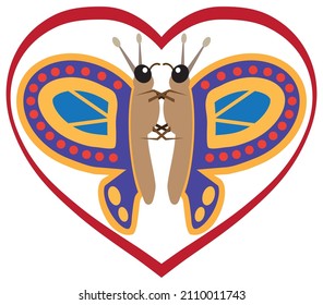 Two identical abstract butterflies are embracing inside a heart shaped border