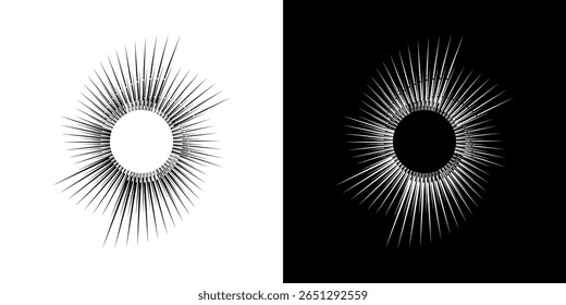 Duas ilustrações circulares abstratas idênticas, uma com elementos pretos em um fundo branco e a outra com elementos brancos em um fundo preto, criam um efeito visual radial dinâmico e de alta tecnologia