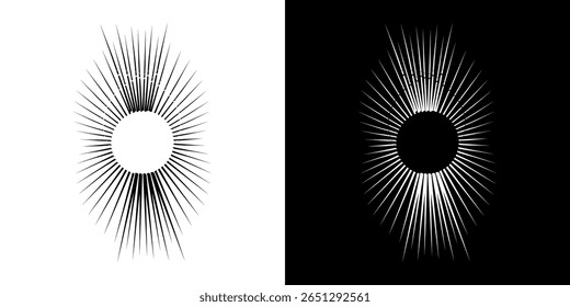 Duas ilustrações circulares abstratas idênticas, uma com elementos pretos em um fundo branco e a outra com elementos brancos em um fundo preto, criam um efeito visual radial dinâmico e de alta tecnologia