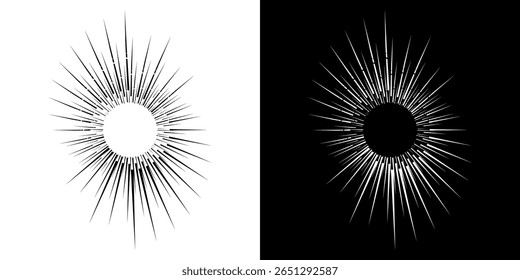 Two identical abstract circular illustrations, one with black elements on a white background and the other with white elements on a black background, create a dynamic and high-tech radial visual effec