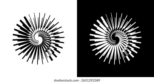 Two identical abstract circular illustrations, one with black elements on a white background and the other with white elements on a black background, create a dynamic and high-tech radial visual effec