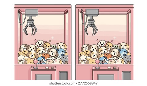 Two identical arcade claw machines filled with variety of cute plush puppy dog toys in a soft pink and warm pastel colored illustration.
