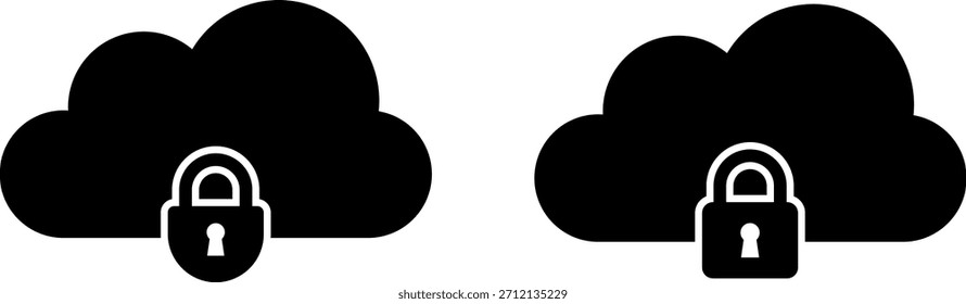 Dois ícones de nuvem preta idênticos são retratados, cada um com um cadeado fechado sobreposto em sua metade inferior, simbolizando a segurança dos dados.