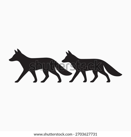 Two identical black fox silhouettes are depicted walking in profile, positioned on a dark, subtly textured gradient background. The simplicity of the silhouettes provides a clean, minimalist aesthetic
