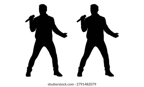 Two identical black silhouettes of a singer holding a microphone are shown against a white background. The figures are in a performance pose.