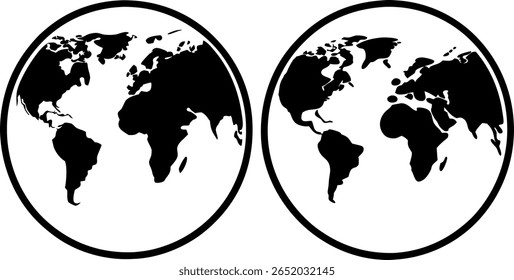 Dois mapas de mundo preto e branco idênticos são exibidos em quadros ovais. Os mapas mostram continentes e oceanos. O fundo é branco puro, criando um design simples.