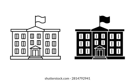 Two identical buildings shown in white and black contrast with flags atop