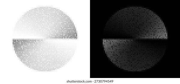 Duas formas circulares idênticas feitas de todos os dígitos (0-9), mostradas em cores invertidas: dígitos pretos em branco e dígitos brancos em preto. Design digital abstrato simbolizando dados, contraste e simetria.