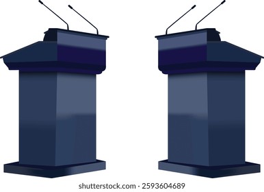 Two identical dark navy blue podiums with microphones, isolated on a white background.	