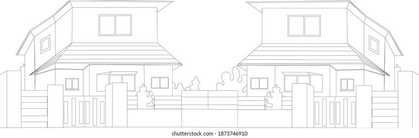 

Two Identical Houses Line Drawing 