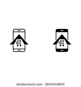 Two identical icons of a smartphone with a house and three people inside, dwelling place